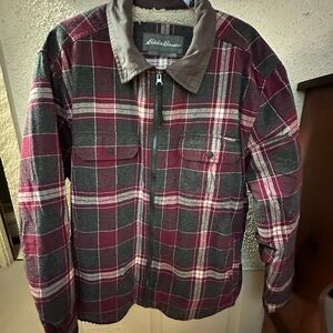 Eddie Bauer Men's Burgundy and Charcoal Plaid Jacket